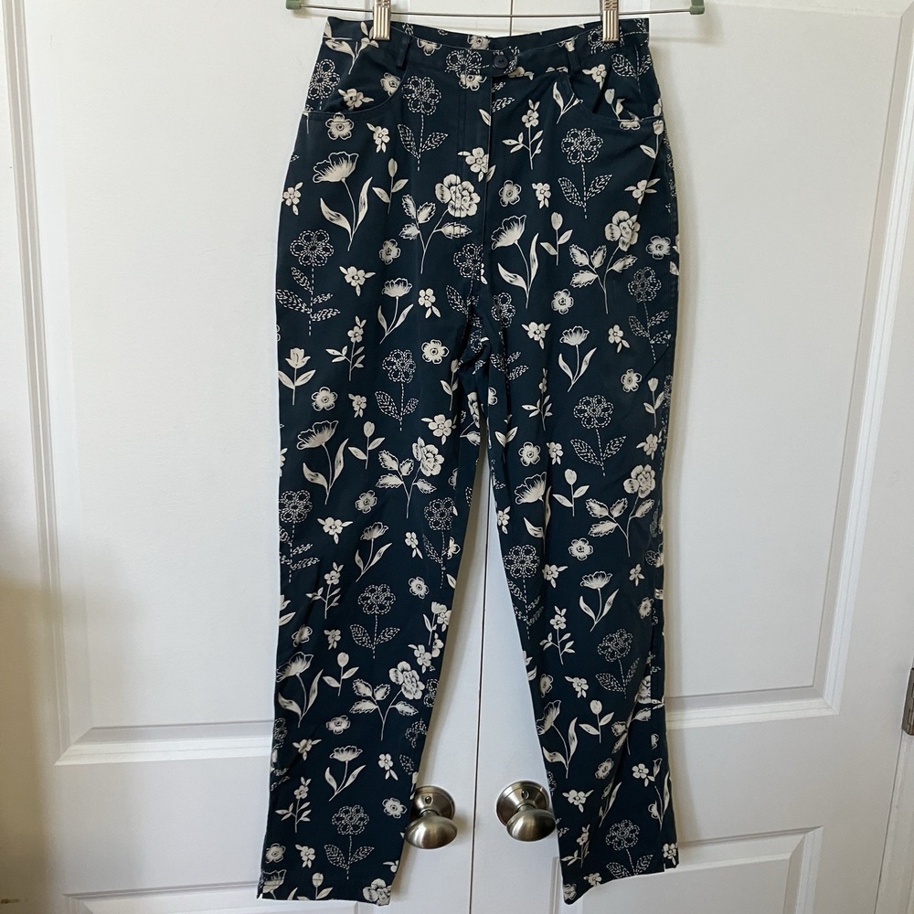 Y2K Floral High Waisted Cotton Straight Leg Pants Dark Teal Cream